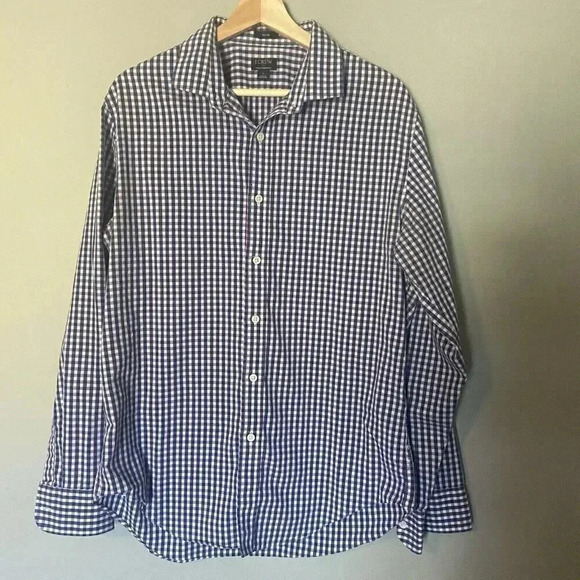 J. Crew Performance Slim Button Down Shirt Blue Red Gingham Cotton Men’s Size L - Picture 1 of 10